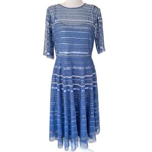 Johnny Was Dress Womens 12 Blue Beaded Sequin Mesh Midi Fit Flare Cocktail $625
